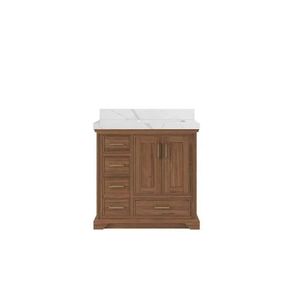 Willow Collections Charlotte 36 in. W x 22 in. D x 36 in. H Right Offset Sink Bath Vanity in Dark Natural with 2" Calacatta Laza Qt. Top