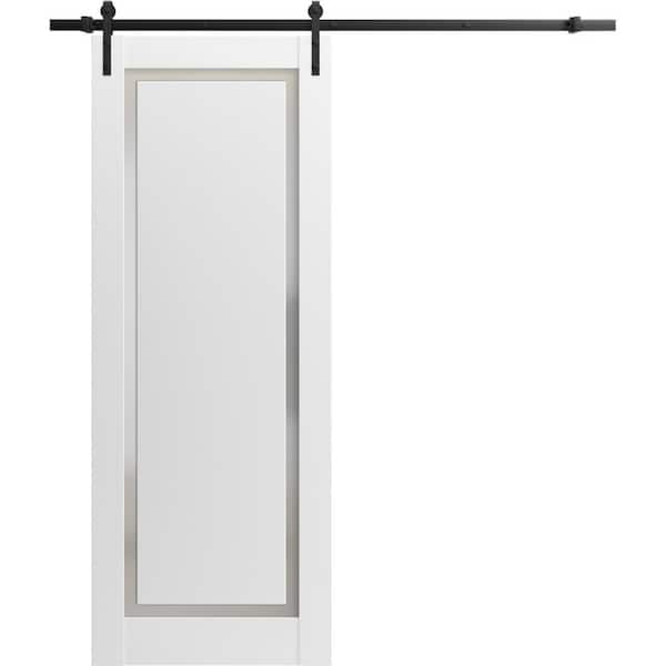 30 in. x 80 in. 1 Panel Frosted Glass Painted White Solid Wood Sliding Barn Door with Hardware Kit