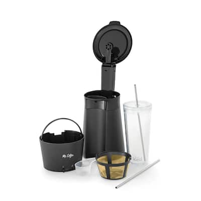 Single Serve Cup Black Iced Drip Coffee Maker with Reusable Tumbler, Stainless Steel Straws and Gold-Tone Coffee Filter