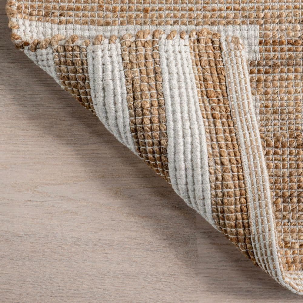 Natural Tan and White Striped Cotton Jute Rug, 4' x 6'