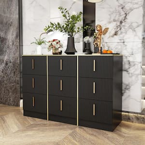 Black 9-Drawer 47.3 in. Width Chest of Drawers, Dresser without Mirror with Golden Line and Waven Surface Design