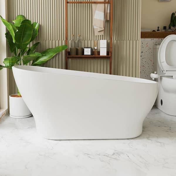 INSTER VELA 59 in. Acrylic Egg Oval Shaped Freestanding Flatbottom Top Sloping Design Non-Whirlpool Soaking Bathtub in White