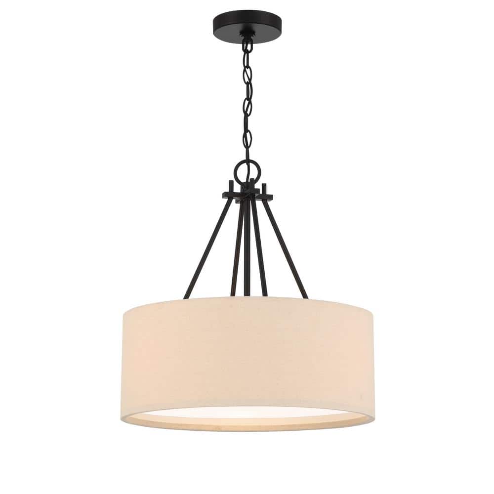 Duke Flat Black 3-Light Pendant with Beige Linen Drum Shade