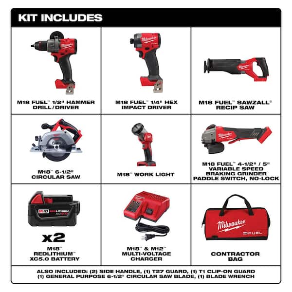 M18 FUEL 18V Lithium-Ion Brushless Cordless Combo Kit (5-Tool) with Brushless Grinder w/Variable Speed and Paddle Switch
