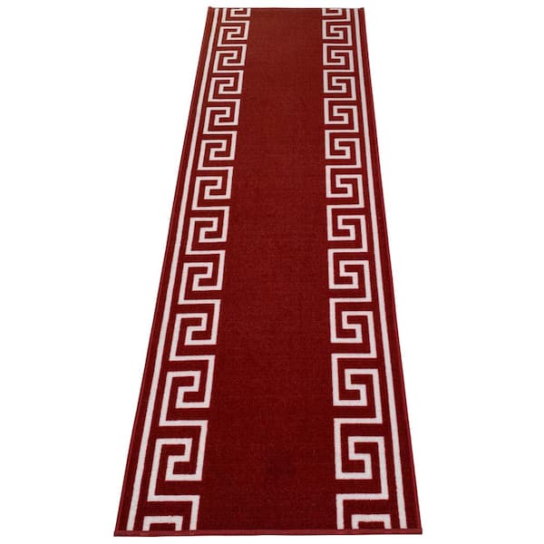 PLAYA RUG Greek Key Red and White 26 in. Width x Your Choice Length Custom Size Roll Runner Rug/Stair Runner