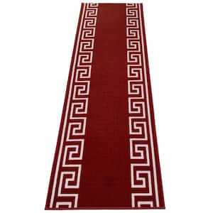 Greek Key Red and White 26 in. Width x Your Choice Length Custom Size Roll Runner Rug/Stair Runner
