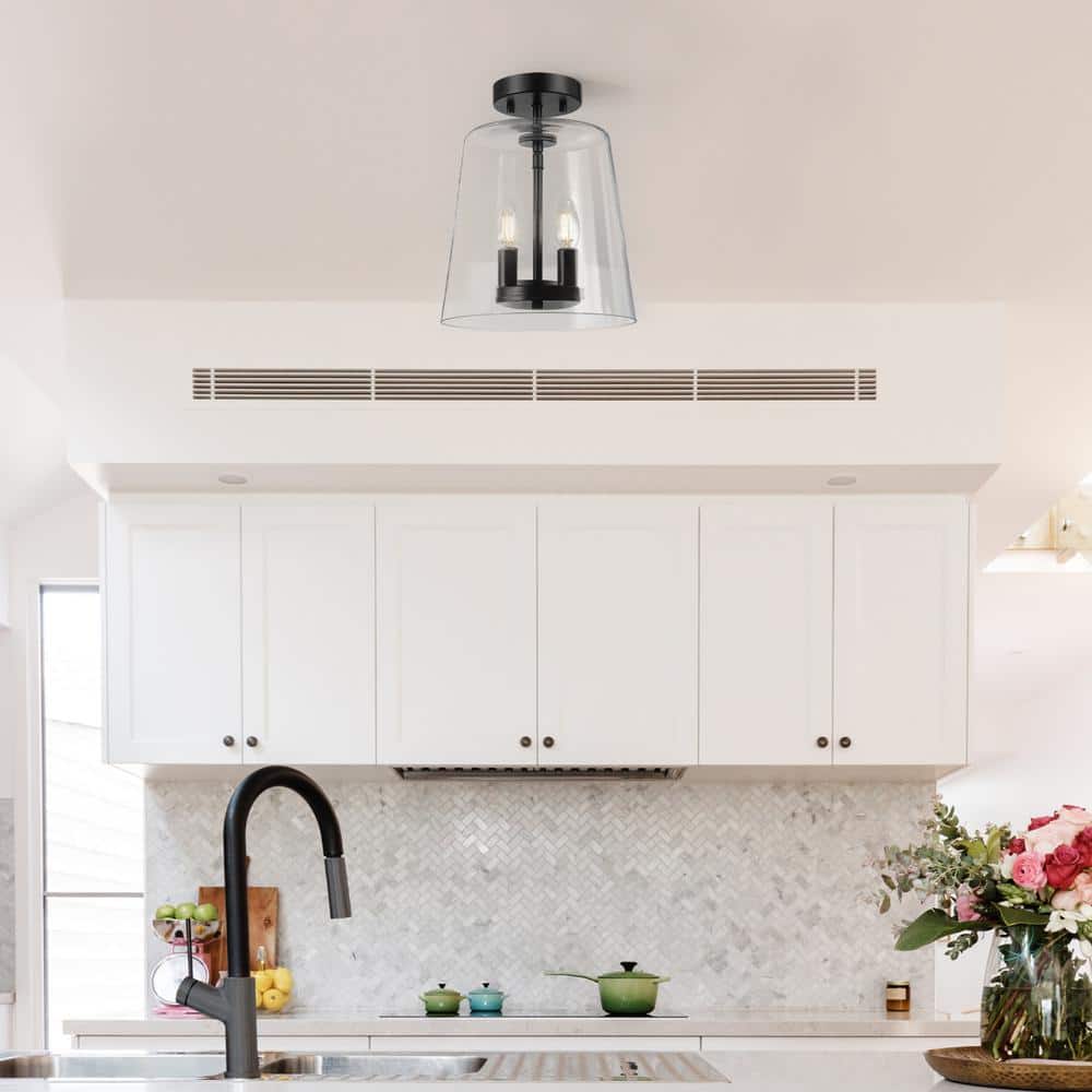 Matte Black and Clear Glass Semi-Flush Mount Ceiling Light