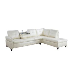 103.50 in. W Round Arm 2-piece Faux Leather L Shaped Modern Right Facing Sectional Sofa Set in White w/Drop Down Table