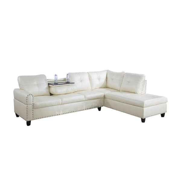 Star Home Living 103.50 in. W Round Arm 2-piece Faux Leather L Shaped Modern Right Facing Sectional Sofa Set in White w/Drop Down Table