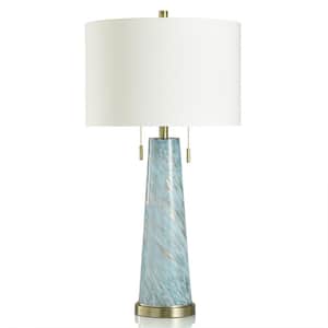 33 in. Blue, Gold, White, Brushed Brass Candlestick Task and Reading Table Lamp for Living Room with White Linen Shade