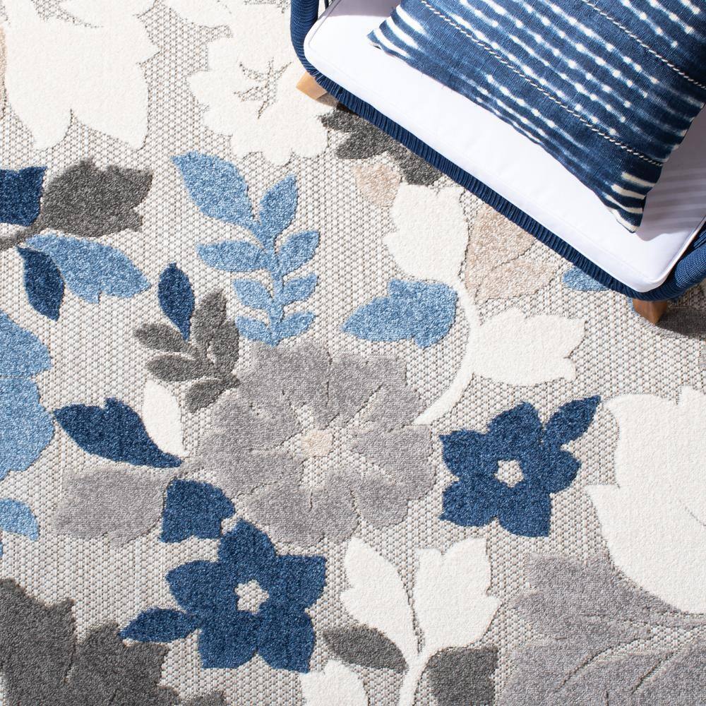 Cabana Grey/Blue Floral Reversible Synthetic Square Rug - 7' x 7'