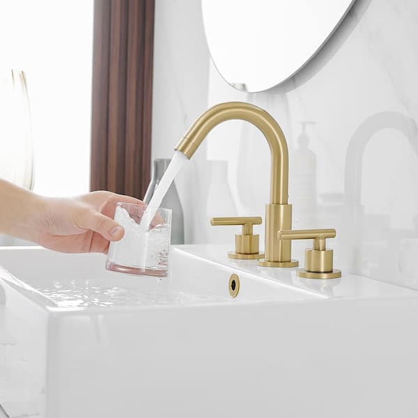 8 in. Widespread 2-Handle Mid-Arc Bathroom Faucet with Valve and cUPC Water Supply Lines in Brushed Gold 8 in. Widespread 2-Handle Mid-Arc Bathroom Faucet with Valve and cUPC Water Supply Lines in Brushed Gold