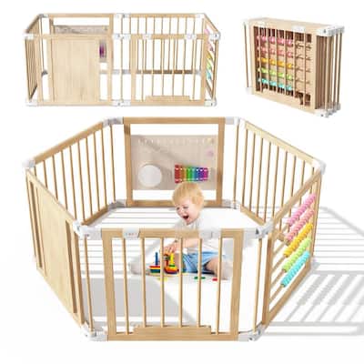 6-Panel Baby Playpen and Safety Gate Foldable Wood Play Yard w/ Child-Proof Lock Easy-Assemb Baby Fence Playpen Barrier