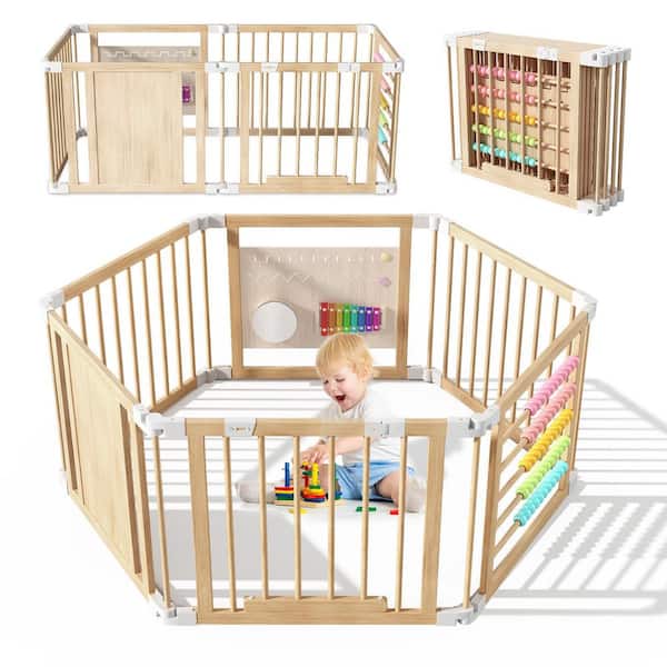 6-Panel Baby Playpen and Safety Gate Foldable Wood Play Yard w/ Child-Proof Lock Easy-Assemb Baby Fence Playpen Barrier