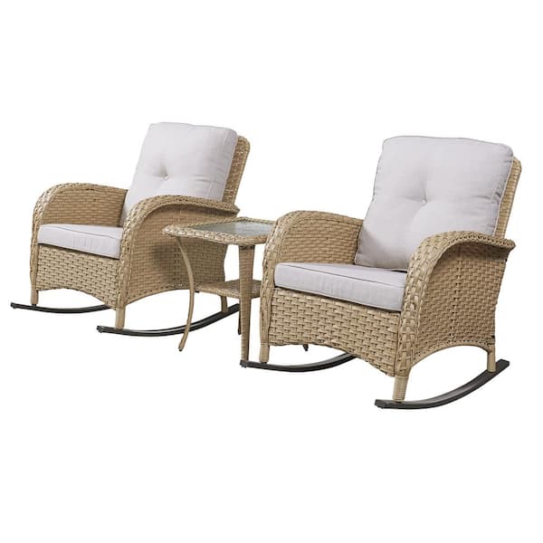 3-Piece Yellow Wicker Patio Conversation Set with Beige Cushions and Coffee Table Flat Handrail Rocking Chairs