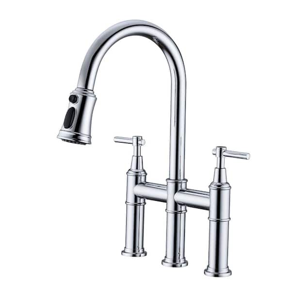 YASINU Double Handle Bridge Kitchen Faucet with Pull-Down Sprayhead in Polished Chrome
