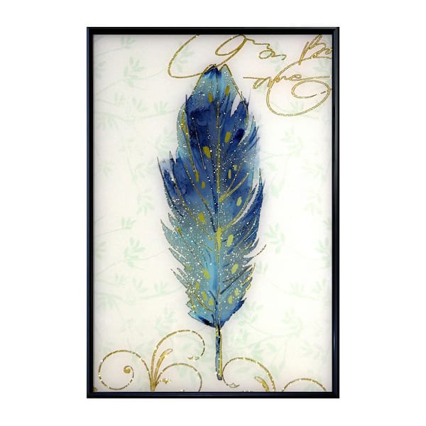 Unbranded "Blue Feather" Glass Framed Wall Decorate Art Print 24 in. x 18 in.