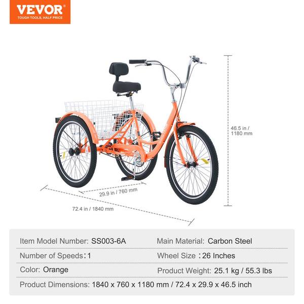 VEVOR Adult Tricycles Bike 26 in. 3-Wheeled Bicycles 3 Wheel