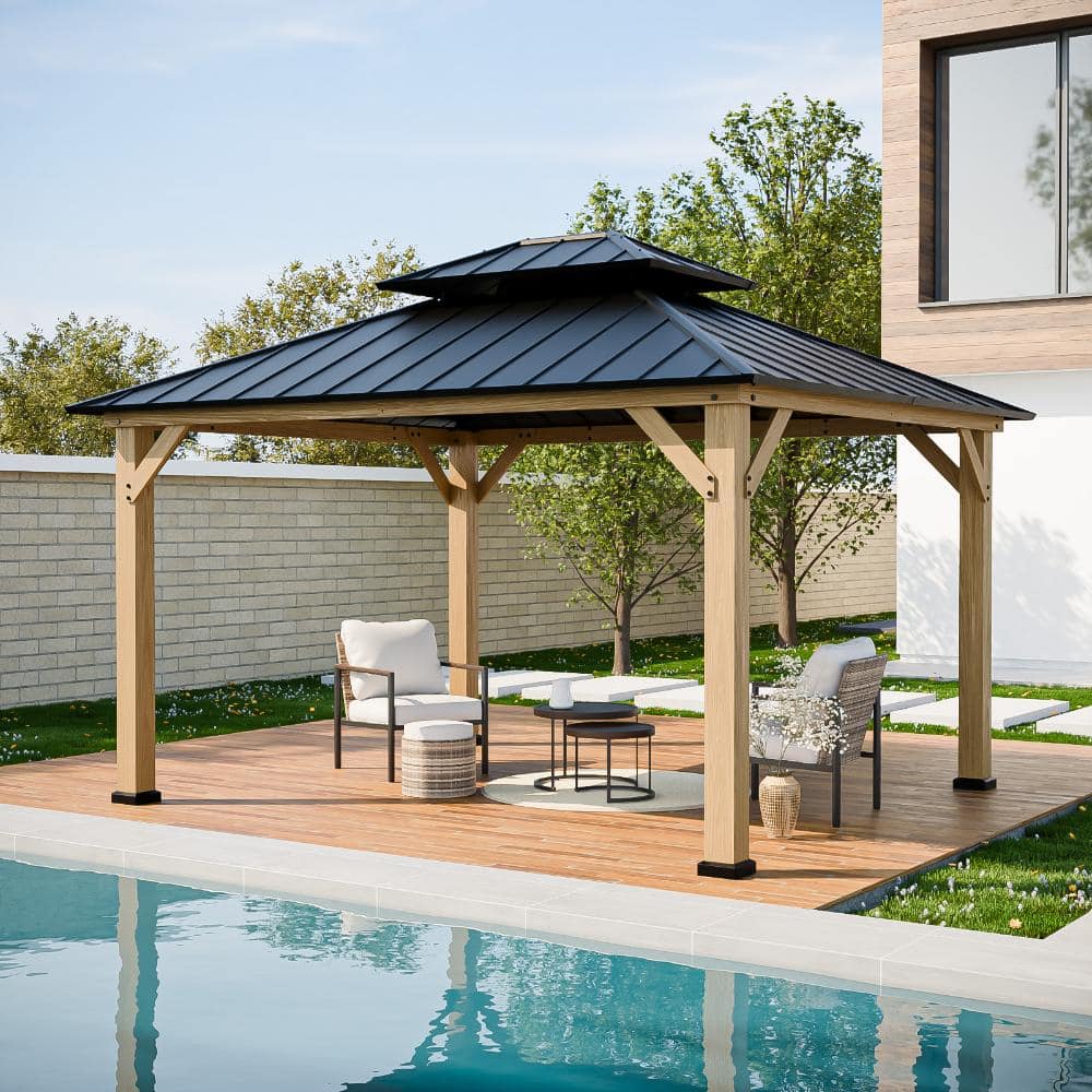Shade Graphix 13 ft. W x 11 ft. D Metal Hardtop Gazebo w/ Cedar Wood Frame Galvanized Steel Top Double Roof Ceiling Hook for Outdoor