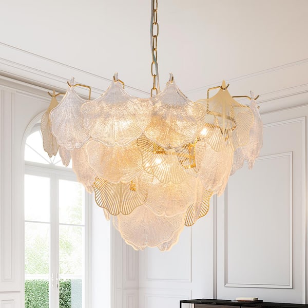 HUOKU Radiance 23.6 in.W Farmhouse 8-Light Brass Chandelier with Ginkgo Leaves for Dining Room Bedroom Kitchen Entryway