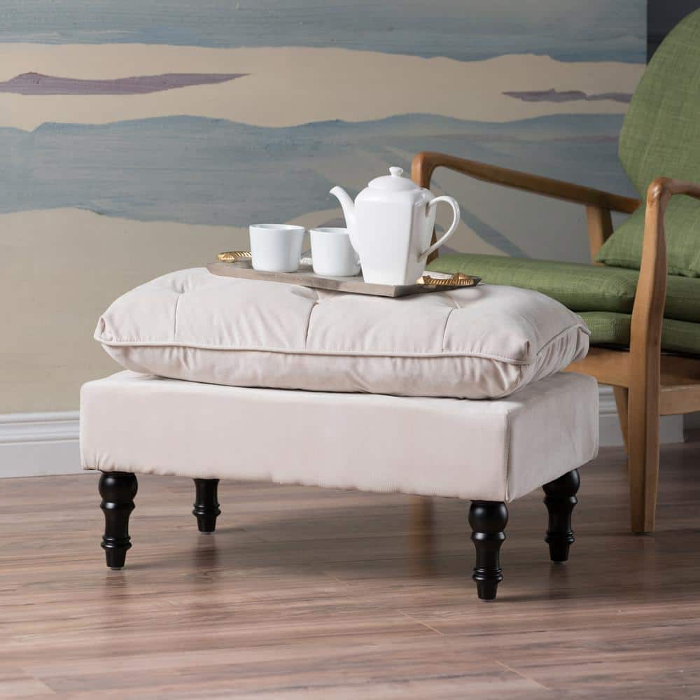 Cream Tufted Fabric and Wood Rectangular Ottoman
