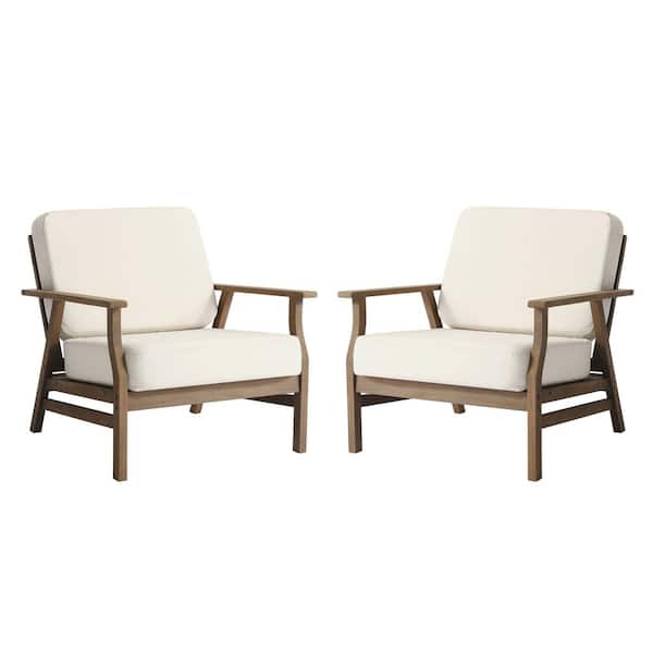 Brown Acacia Wood Outdoor Patio Lounge Chairs with Oxford Beige Cushions (Set of 2)