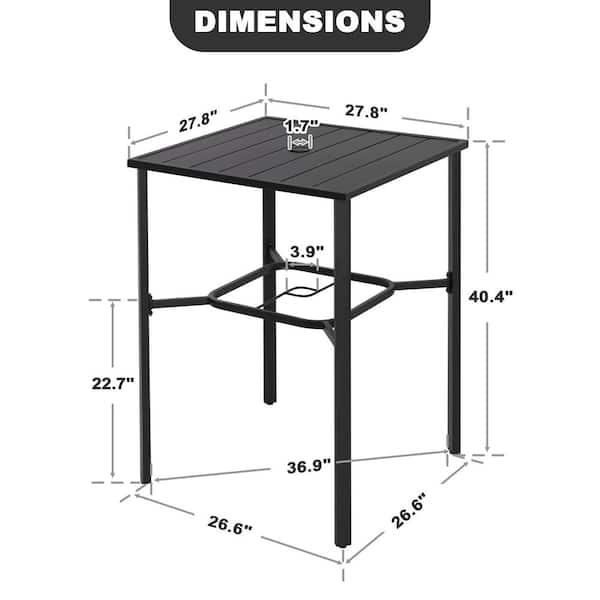 Black Square Metal Bar Height Outdoor Dining Table with 1.7 in. Umbrella Hole and 28 in. Slatted Tabletop