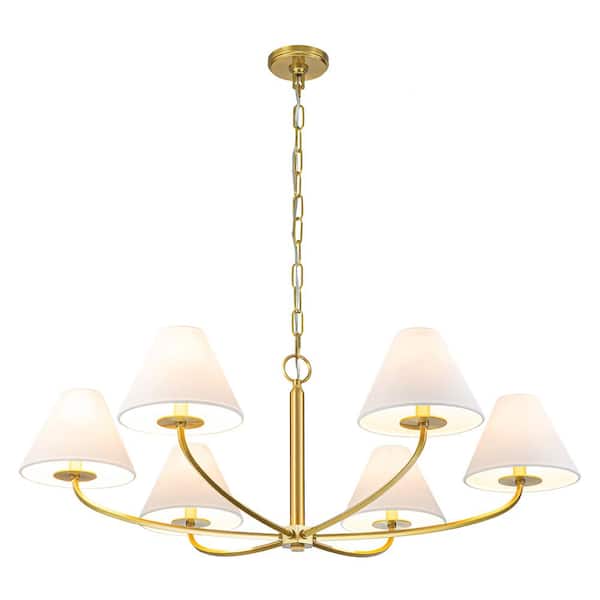 Y'INSP 6-Light Antique Gold Mid-Century Modern Curved-Style Chandelier with White Linen Shade and No Bulb Included