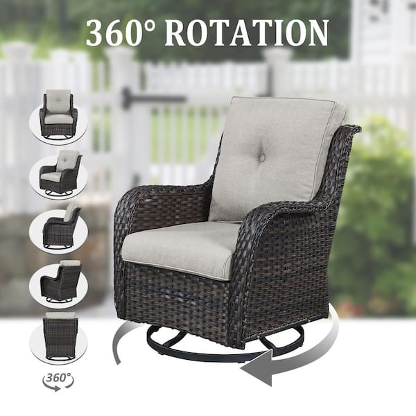 ArcoBay 5-Piece Brown Wicker Outdoor Rocking Swivel Chairs Patio Conversation Set with Beige Cushions and Ottomans