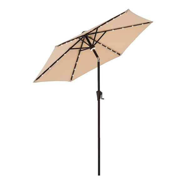 FLAME&SHADE 7-1/2 ft. Steel Market Solar Lighted Tilt Patio Umbrella with LED in Beige Solution Dyed Polyester
