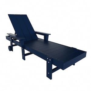 Shoreside Navy Blue Fade Resistant All Weather HDPE Plastic Outdoor Adjustable Chaise Lounge Arm Chair with Wheels