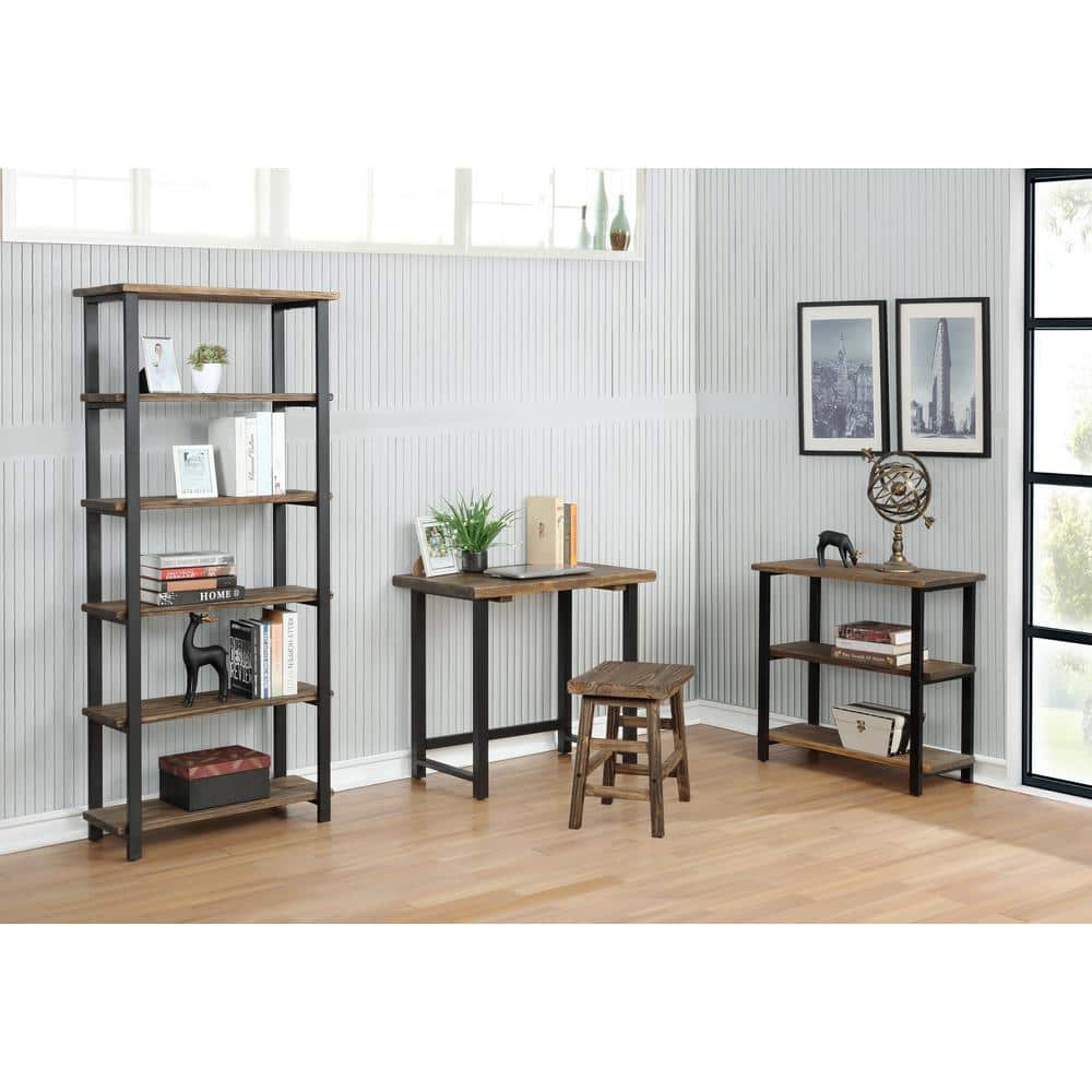 Pomona 34.8" Adjustable Black Metal and Solid Birch Wood Under-Window Bookshelf