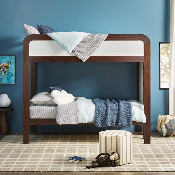 Contemporary Walnut Solid Wood Twin Bunk Bed with Ladder and Whiteboard