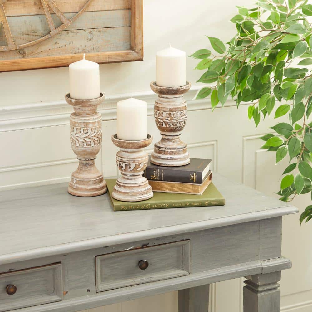 Rustic Whitewashed Wood Carved Candle Holders, Set of 3