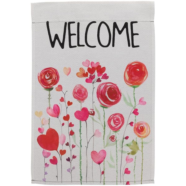 Roses and Hearts Floral "Welcome" Outdoor Garden Flag 18 in. x 12.5 in.