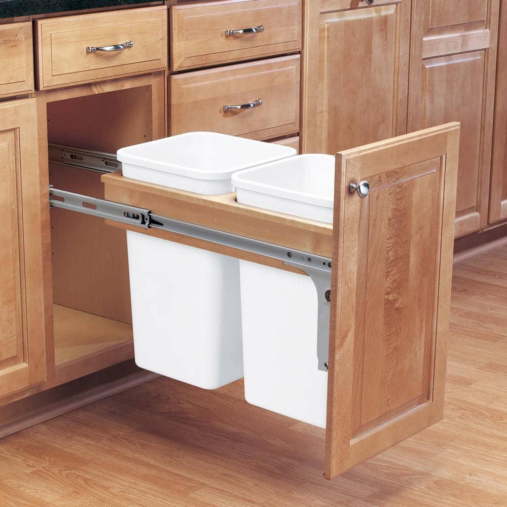White Double Pull-Out Trash Bin with Maple Mount