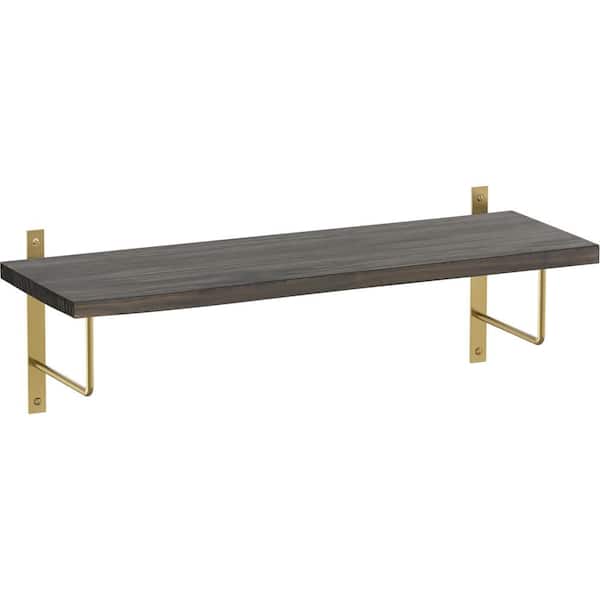 Liberty 24 in. x 8 in. x 6 in. Dark Stained Solid Pine Wood Decorative Wall Shelf with Satin Gold U-Shaped Steel Brackets