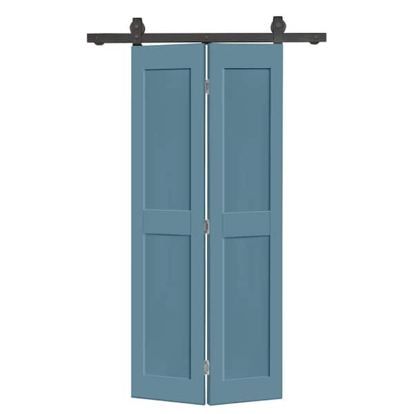 32 in. x 80 in. 2 Panel Shaker Hollow Core Dignity Blue Composite Bi-fold Door with Sliding Barn Door Hardware Kit