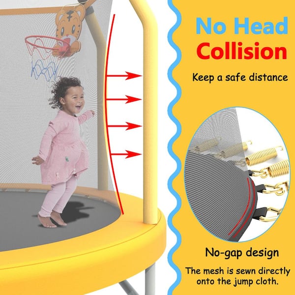 Kids Trampoline With Basketball Hoop - Adjustable T-Handle, Anti-Rollover, 440lbs Capacity