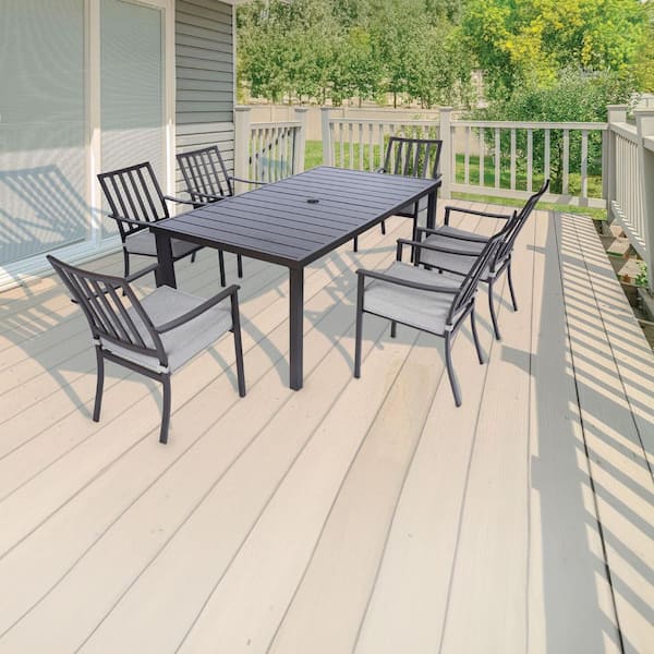 MOD Carter 7-Piece Aluminum Outdoor Dining Set w/ Gray Cushions with All-Weather Frames, 6 Chairs, 72 in. x40 in. Slat Table