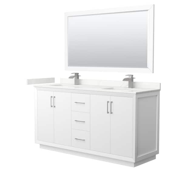 Wyndham Collection Strada 66 in. W x 22 in. D x 35 in. H Double Bath Vanity in White with Giotto Quartz Top and 58 in. Mirror