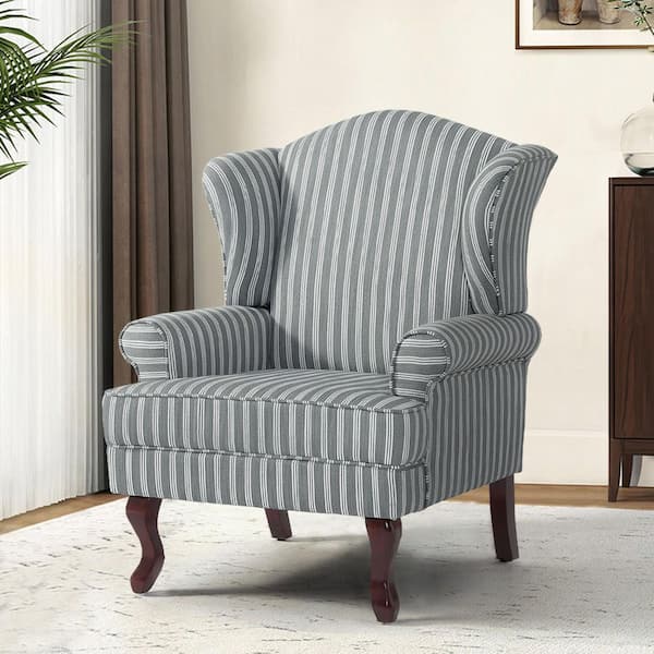 Mid-Century Retro Style Stripe Gray Linen Upholstered Wingback Arm Chair with Wooden Legs (Set of 1)