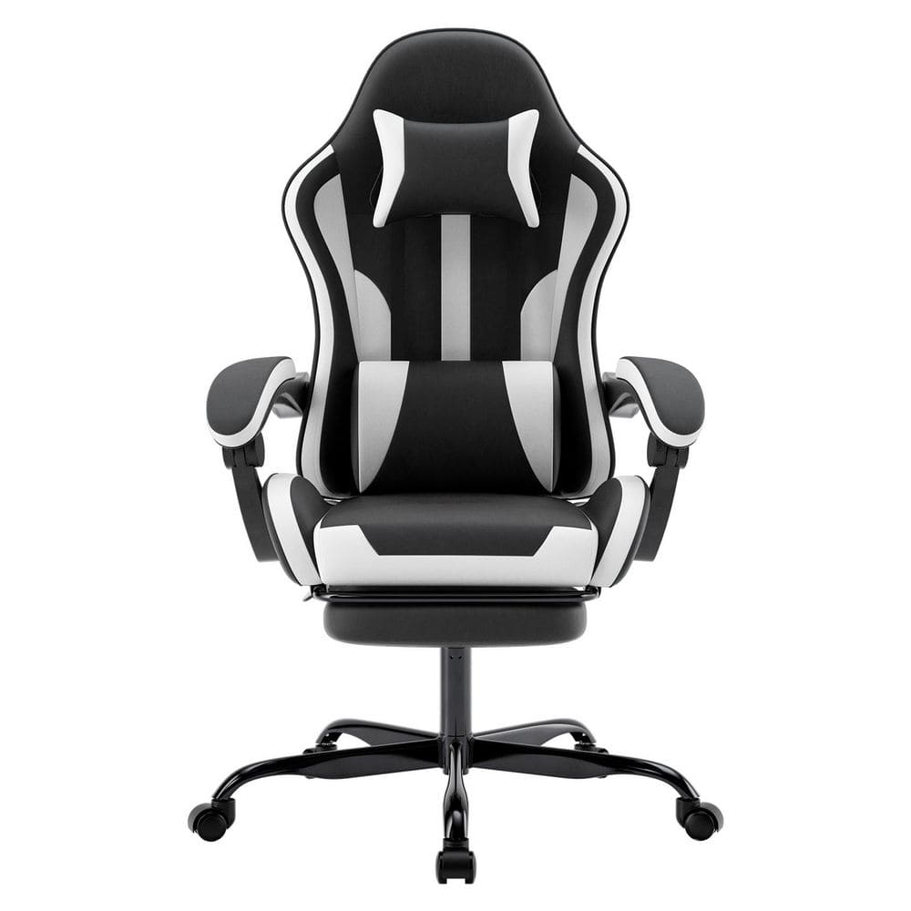 Leather Reclining Footrest High Back Swivel Adjustable Height Ergonomic Gaming Chair in Black White with Adjustable Arms
