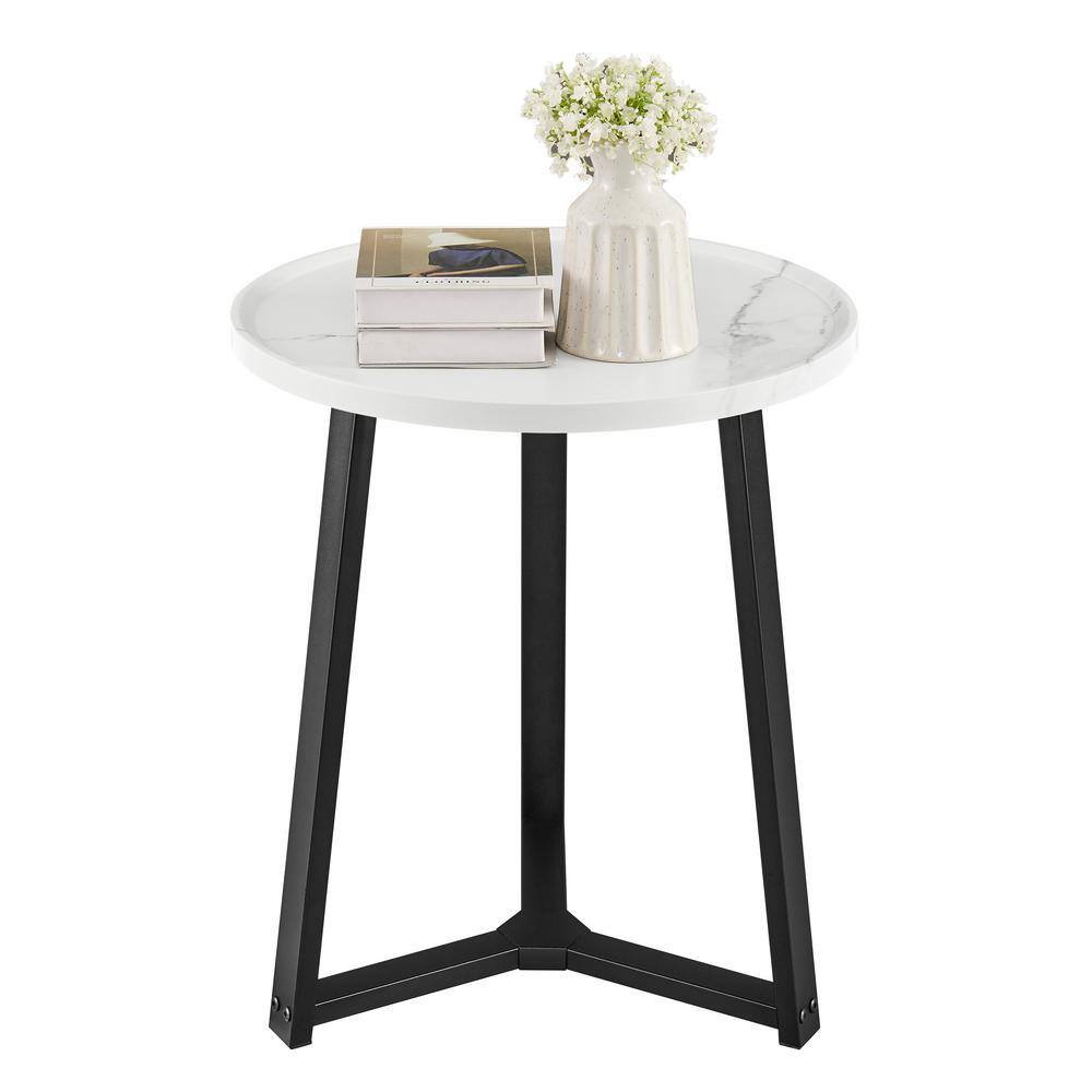 Harper Round White Marble and Black Metal Side Table