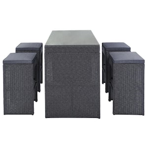 Gray 5-Piece Wicker Bar Height Outdoor Dining Set Patio Bar Sets with Gray Cushion, Glass Tabletop