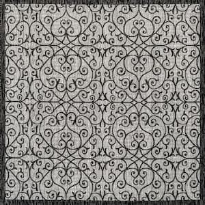 Madrid Vintage Filigree Textured Weave Gray/Black 5 ft. Square Indoor/Outdoor Area Rug