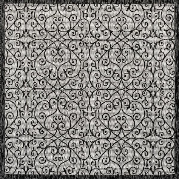 Madrid Vintage Filigree Textured Weave Gray/Black 5 ft. Square Indoor/Outdoor Area Rug