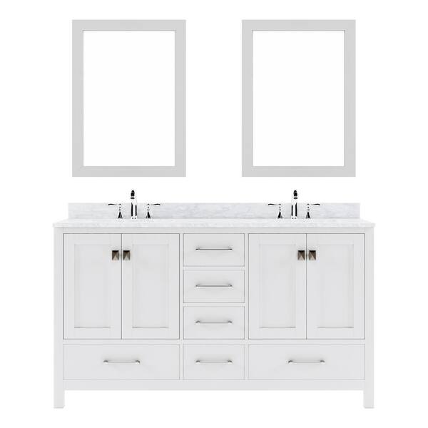 Virtu USA Caroline Avenue 60 in. W x 22 in. D x 34 in. H Double Sink Bath Vanity in White with Marble Top and Mirror