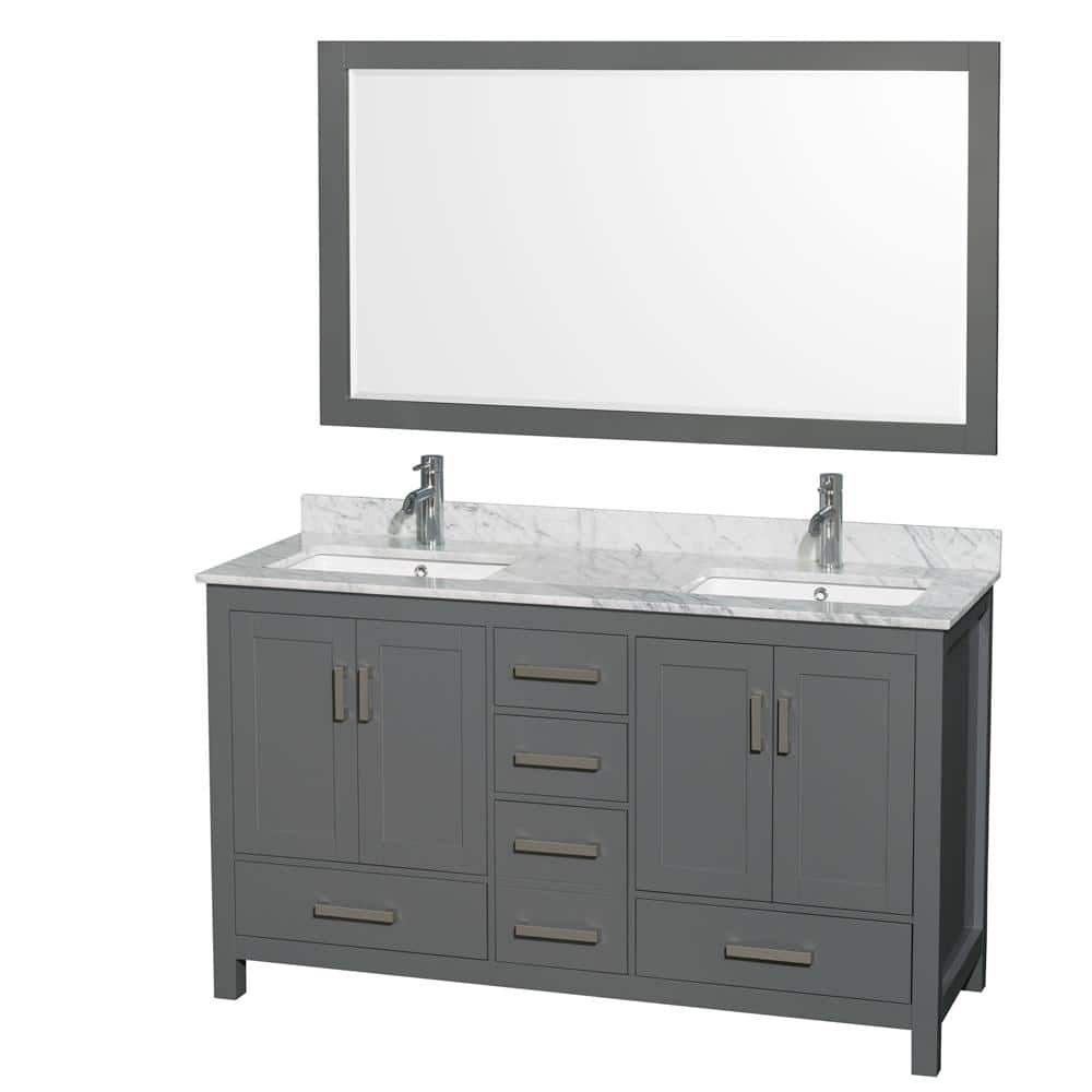 "Sheffield 60 in. W x 22 in. D x 35 in. H Double Bath Vanity in Dark Gray with White Carrara Marble Top and 58"" Mirror" price history on PriceWatchPro