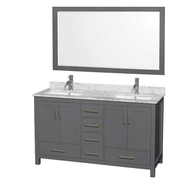 Wyndham Collection Sheffield 60 in. W x 22 in. D x 35 in. H Double Bath Vanity in Dark Gray with White Carrara Marble Top and 58" Mirror